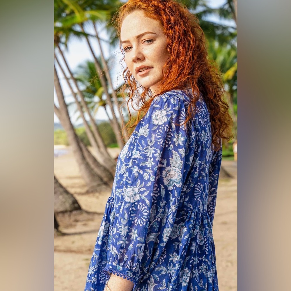 Blue Floral 3/4 Sleeve Dress 100% Cotton - Picture 4 of 13